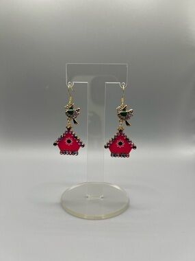 Gold-Tone Pink Bird & House Drop Earrings - Handmade E0291C